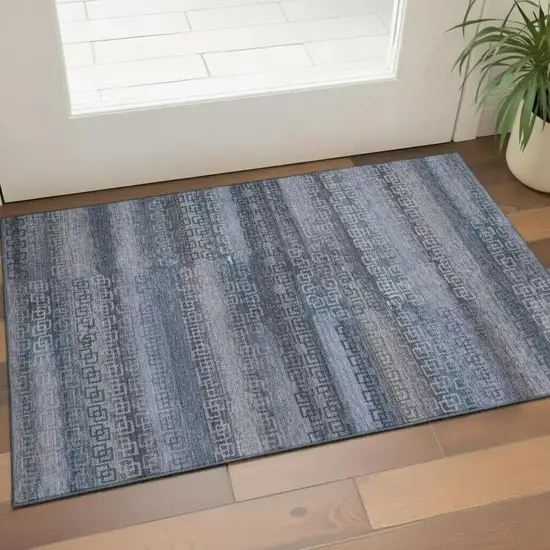 Taupe And Blue Striped Washable Area Rug With UV Protection Photo 2