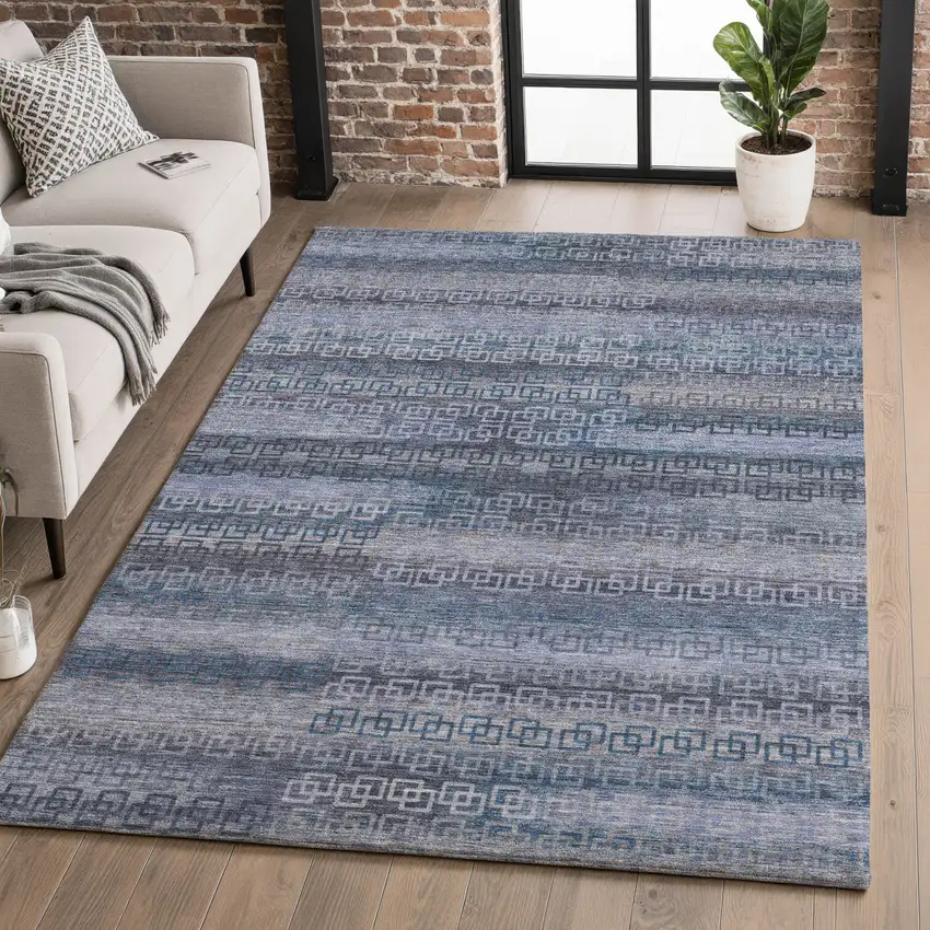 Taupe And Blue Striped Washable Area Rug With UV Protection Photo 4