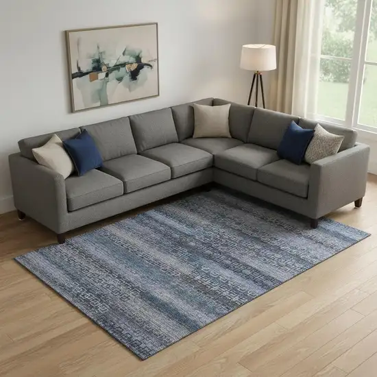 Taupe And Blue Striped Washable Area Rug With UV Protection Photo 2