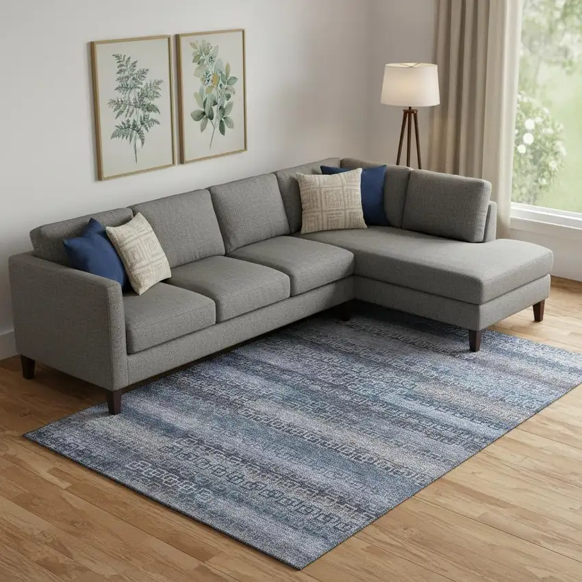 Taupe And Blue Striped Washable Area Rug With UV Protection Photo 2