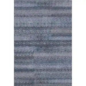 Photo of Taupe And Blue Striped Washable Area Rug With UV Protection
