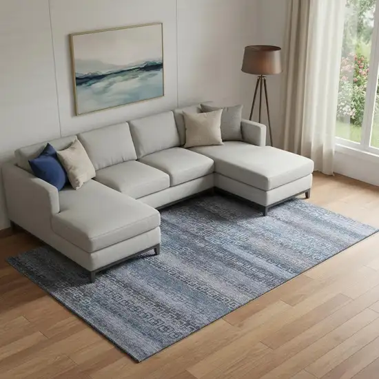 Taupe And Blue Striped Washable Area Rug With UV Protection Photo 2