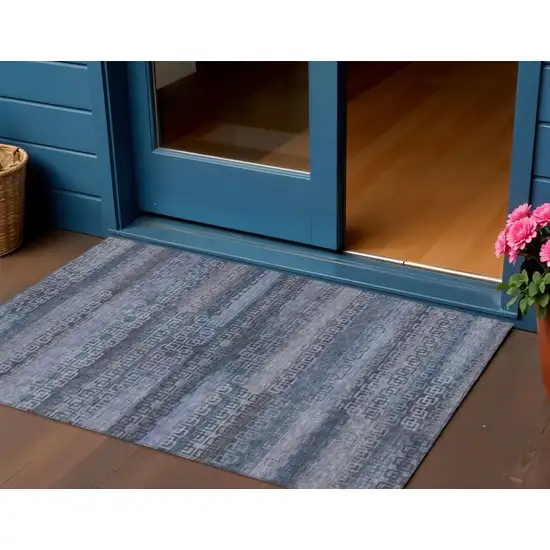 Taupe And Blue Striped Washable Indoor Outdoor Area Rug Photo 2