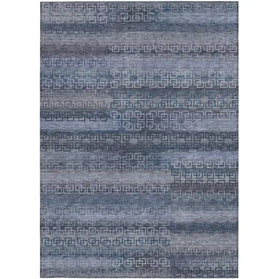 Taupe And Blue Striped Washable Indoor Outdoor Area Rug Photo 1