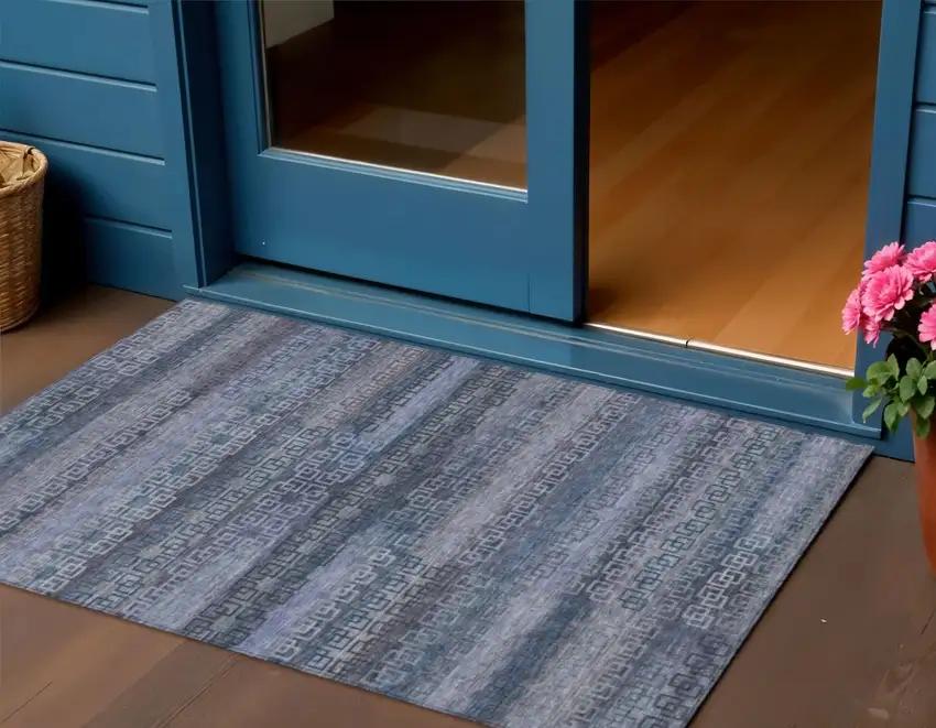 Taupe And Blue Striped Washable Indoor Outdoor Area Rug Photo 3