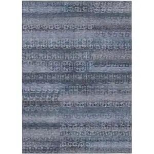 Photo of Taupe And Blue Striped Washable Indoor Outdoor Area Rug