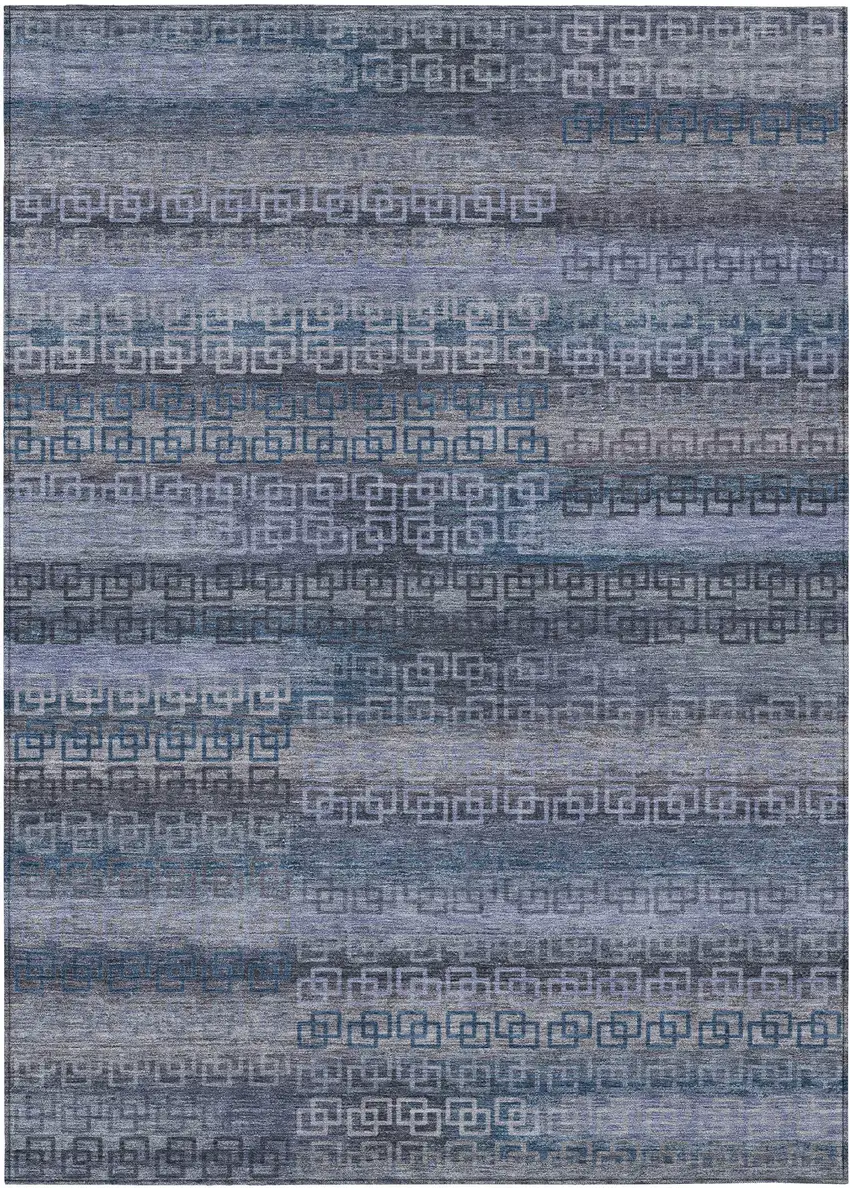 Taupe And Blue Striped Washable Indoor Outdoor Area Rug Photo 1