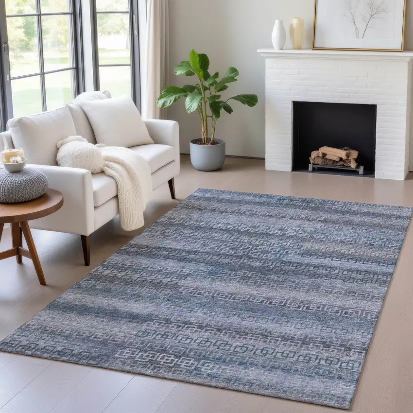 Taupe And Blue Striped Washable Indoor Outdoor Area Rug Photo 5