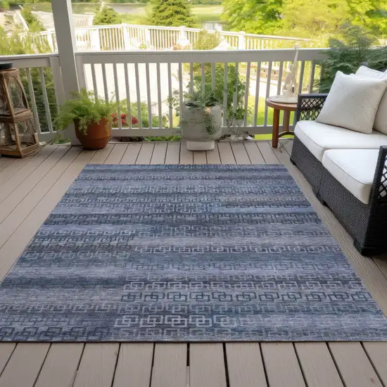 Taupe And Blue Striped Washable Indoor Outdoor Area Rug Photo 7