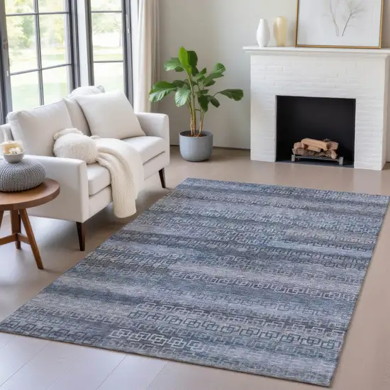 Taupe And Blue Striped Washable Indoor Outdoor Area Rug Photo 5