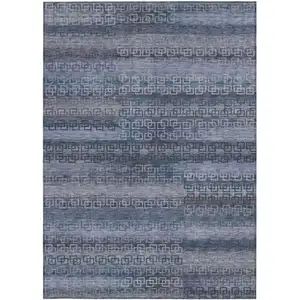 Photo of Taupe And Blue Striped Washable Indoor Outdoor Area Rug