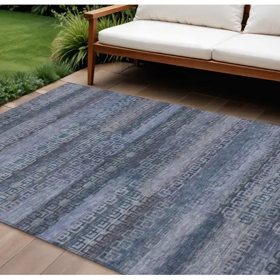 Taupe And Blue Striped Washable Indoor Outdoor Area Rug Photo 2