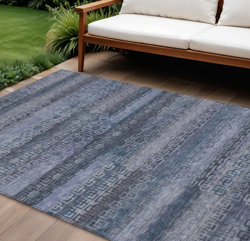 Taupe And Blue Striped Washable Indoor Outdoor Area Rug Photo 2