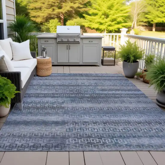 Taupe And Blue Striped Washable Indoor Outdoor Area Rug Photo 5