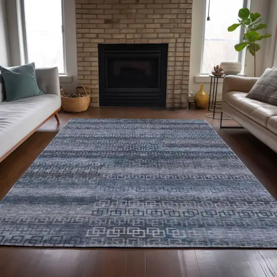 Taupe And Blue Striped Washable Indoor Outdoor Area Rug Photo 7