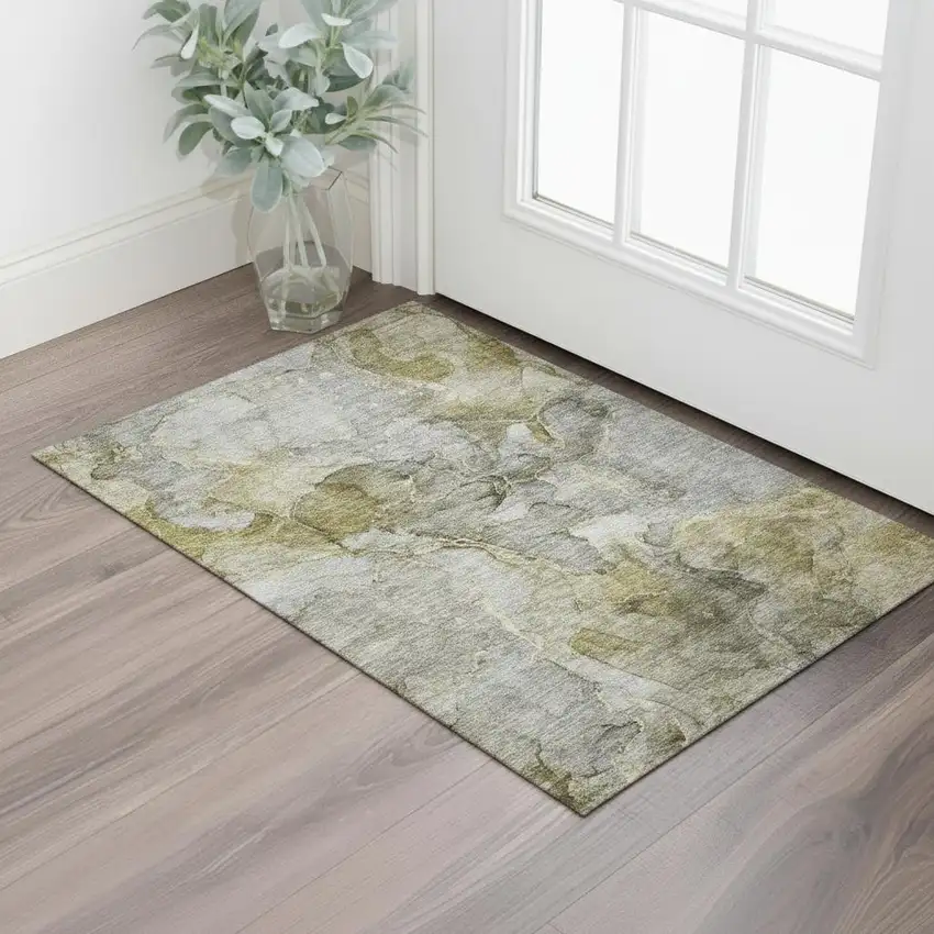 Taupe And Brown Abstract Washable Area Rug With UV Protection Photo 1