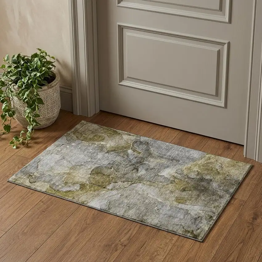 Taupe And Brown Abstract Washable Area Rug With UV Protection Photo 1