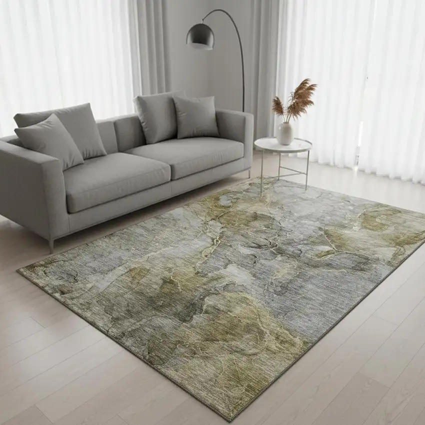 Taupe And Brown Abstract Washable Area Rug With UV Protection Photo 1
