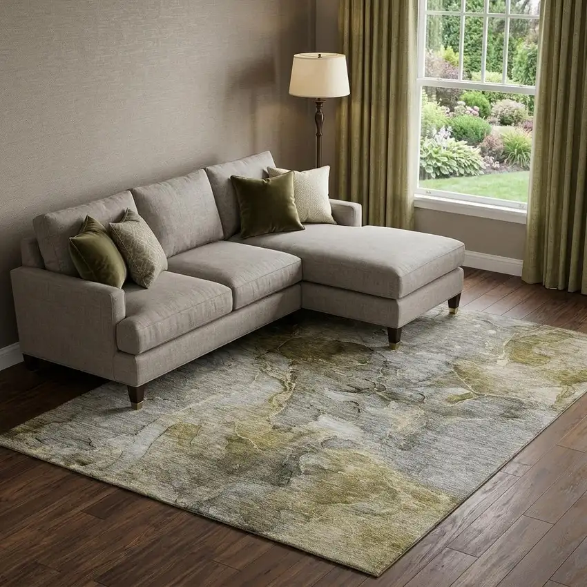 Taupe And Brown Abstract Washable Area Rug With UV Protection Photo 1