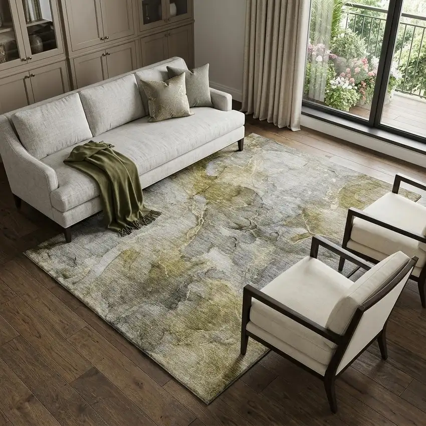 Taupe And Brown Abstract Washable Area Rug With UV Protection Photo 1