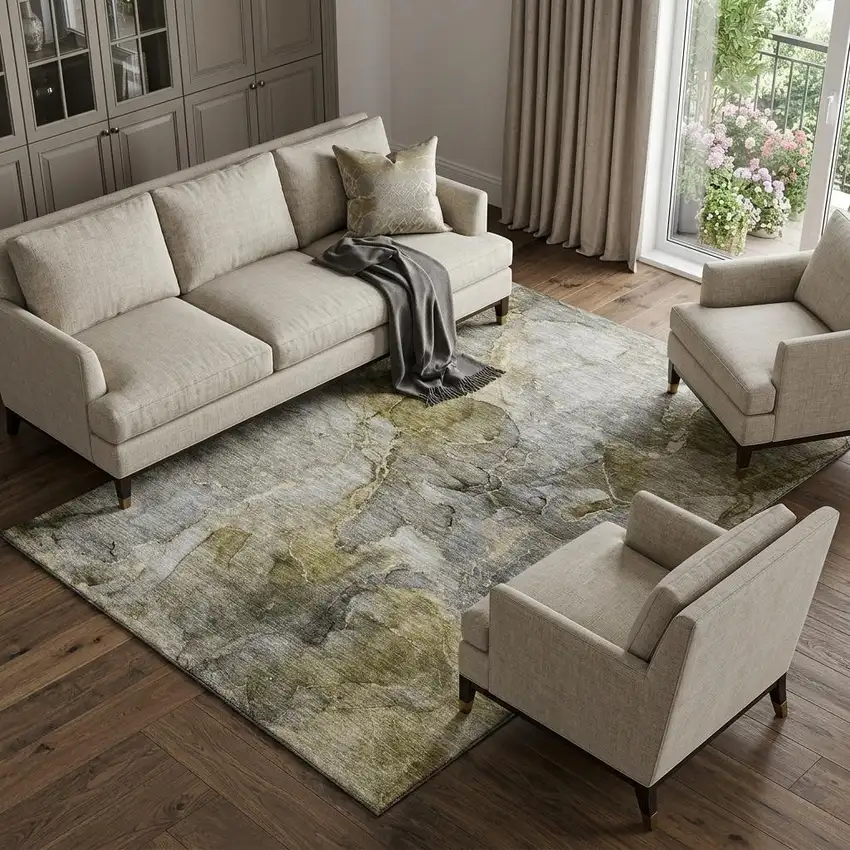 Taupe And Brown Abstract Washable Area Rug With UV Protection Photo 1