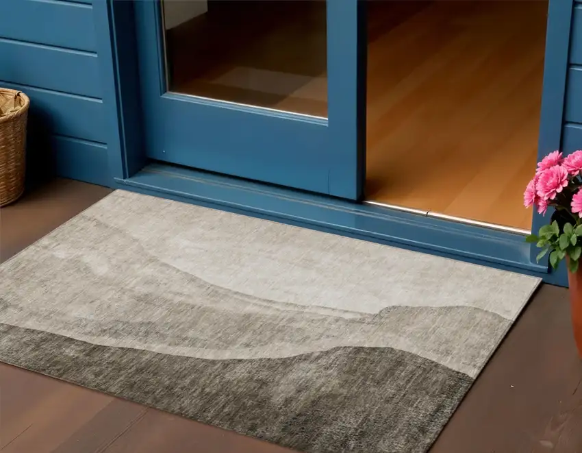 Taupe And Brown Abstract Washable Indoor Outdoor Area Rug Photo 1