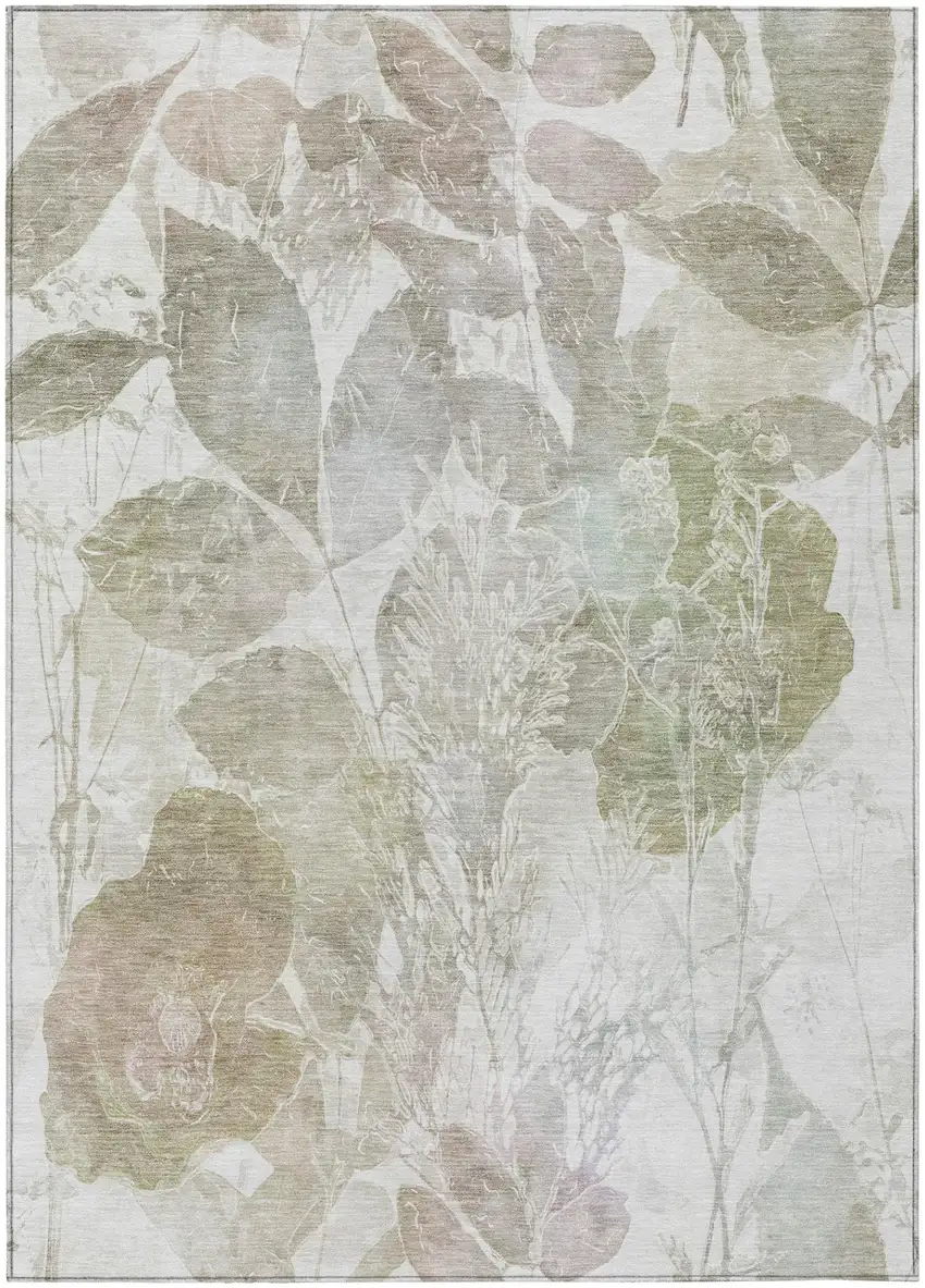 Taupe And Brown Botanical Leaves Washable Indoor Outdoor Area Rug Photo 3