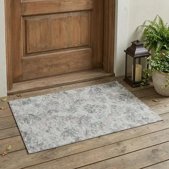 Taupe And Brown Floral Washable Indoor Outdoor Area Rug Photo 1