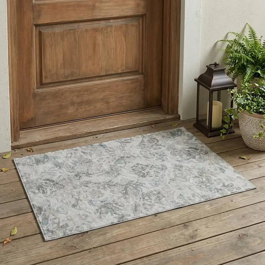 Taupe And Brown Floral Washable Indoor Outdoor Area Rug Photo 1