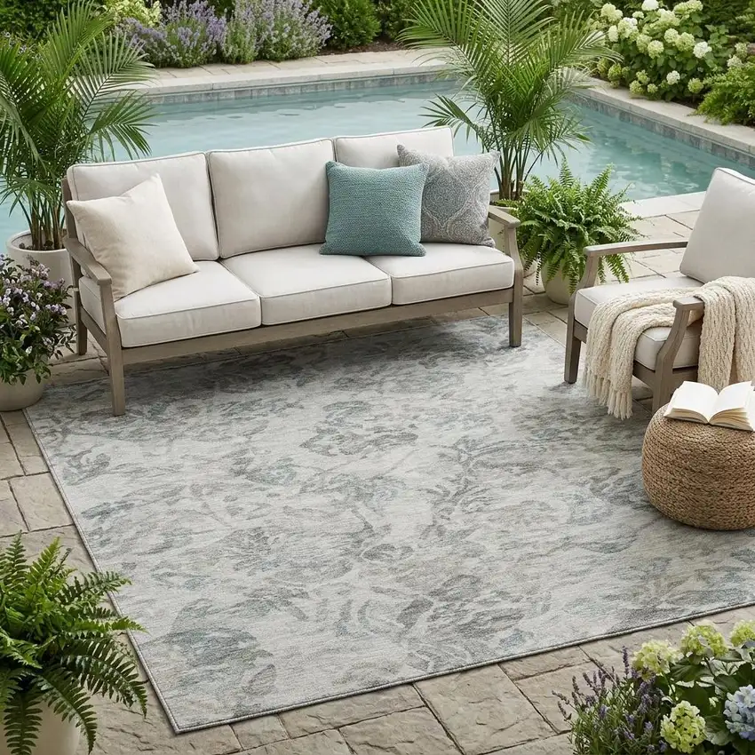 Taupe And Brown Floral Washable Indoor Outdoor Area Rug Photo 1