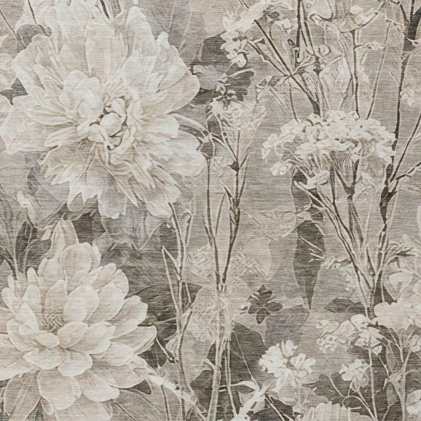 Taupe And Brown Floral Washable Indoor Outdoor Area Rug Photo 3