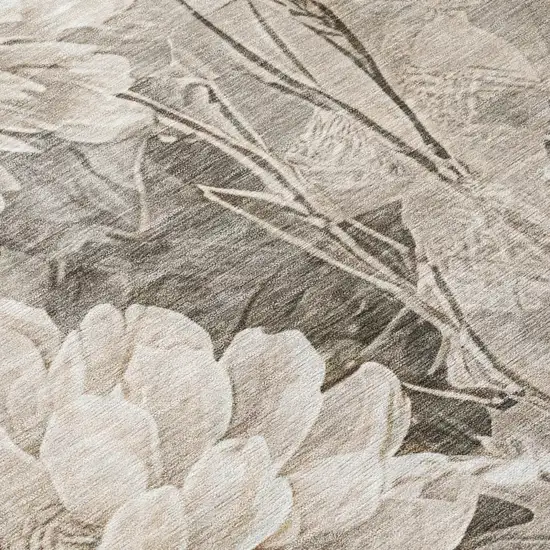 Taupe And Brown Floral Washable Indoor Outdoor Area Rug Photo 5