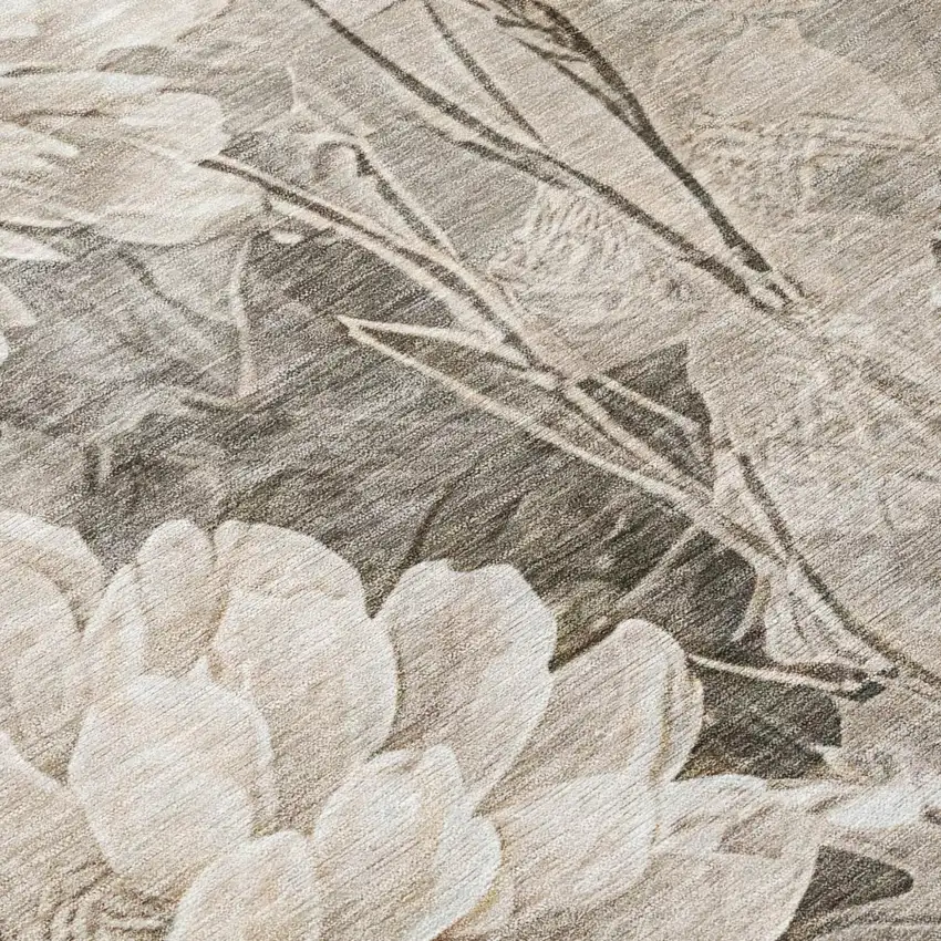 Taupe And Brown Floral Washable Indoor Outdoor Area Rug Photo 5