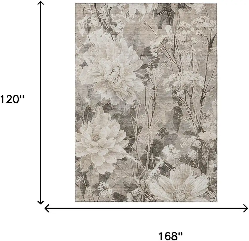 Taupe And Brown Floral Washable Indoor Outdoor Area Rug Photo 6