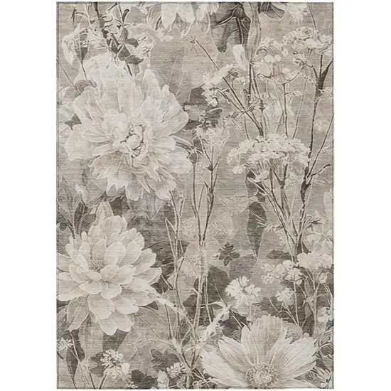 Taupe And Brown Floral Washable Indoor Outdoor Area Rug Photo 1