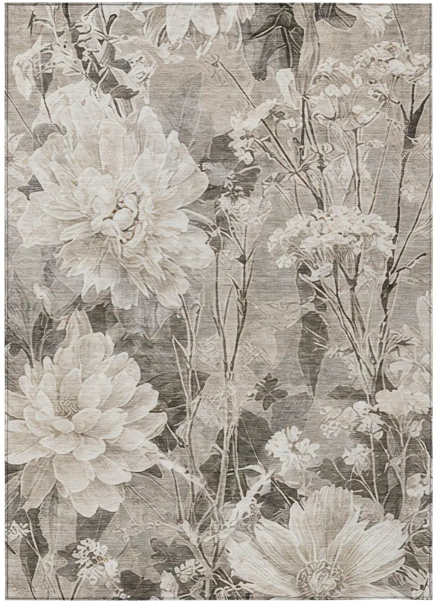 Taupe And Brown Floral Washable Indoor Outdoor Area Rug Photo 1
