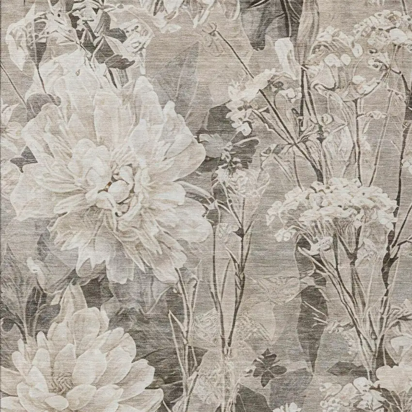 Taupe And Brown Floral Washable Indoor Outdoor Area Rug Photo 2