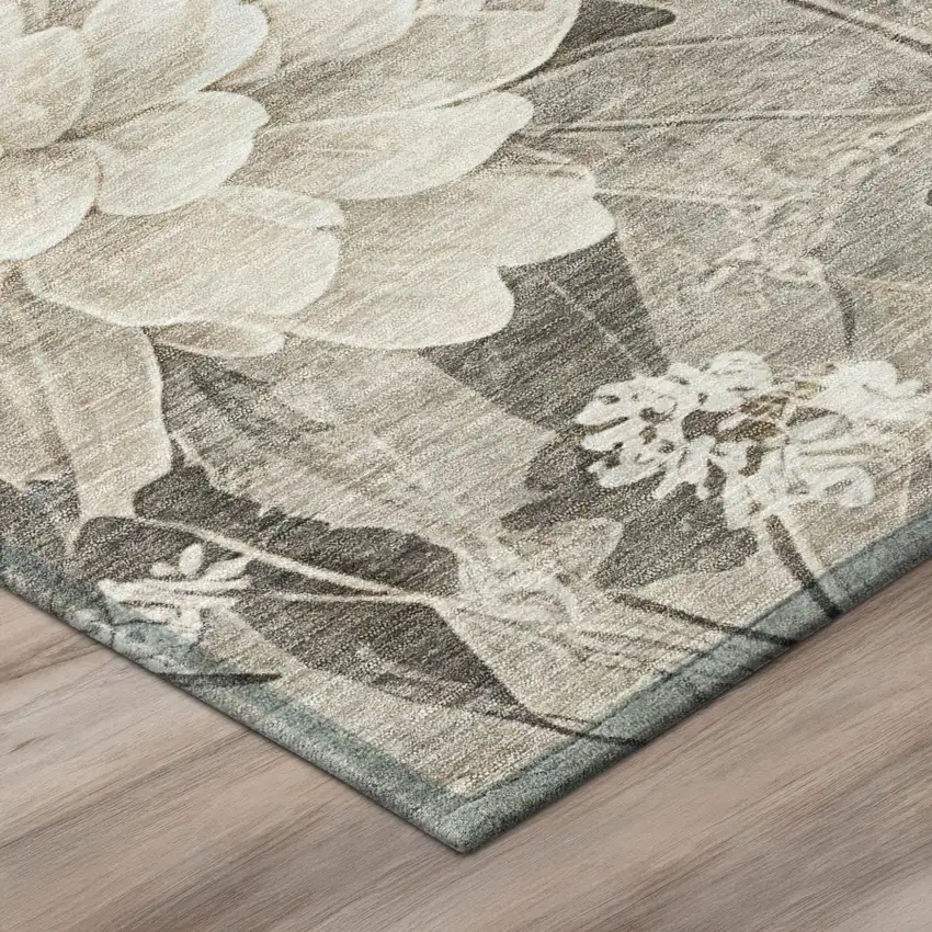 Taupe And Brown Floral Washable Indoor Outdoor Area Rug Photo 4