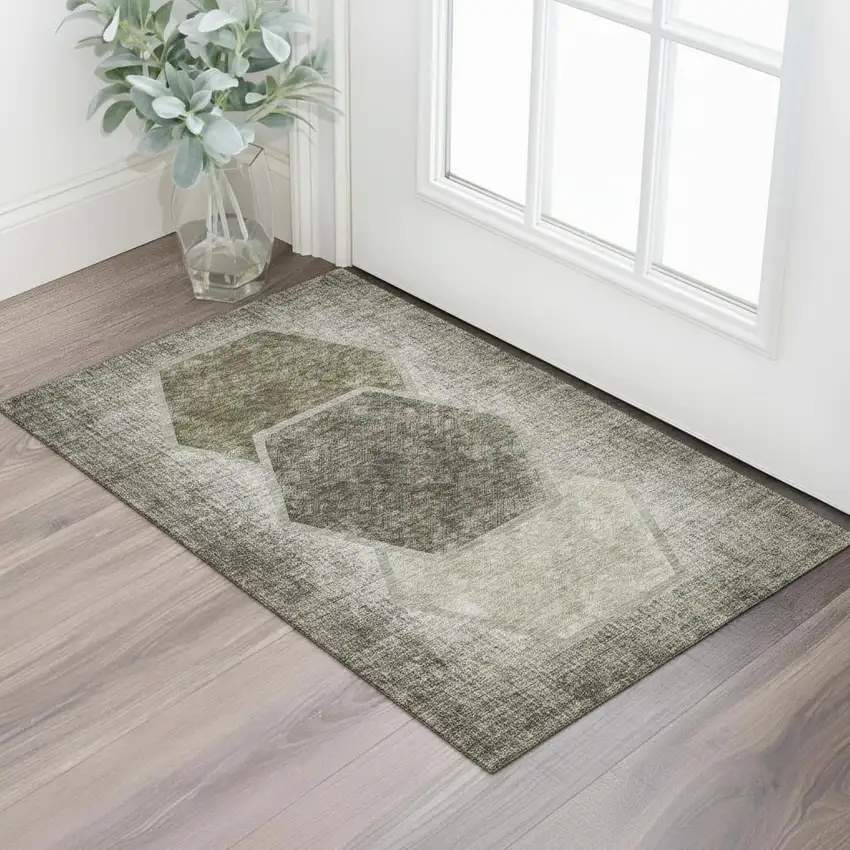 Taupe And Brown Geometric Washable Area Rug With UV Protection Photo 1