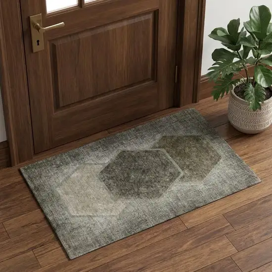 Taupe And Brown Geometric Washable Area Rug With UV Protection Photo 1