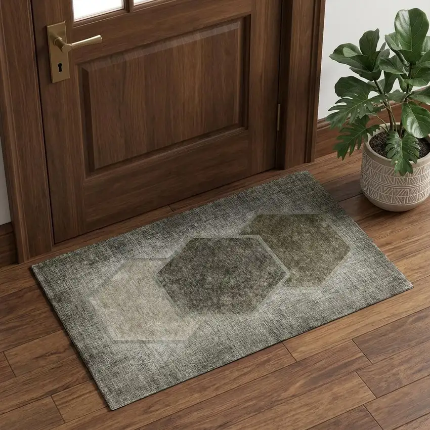 Taupe And Brown Geometric Washable Area Rug With UV Protection Photo 1