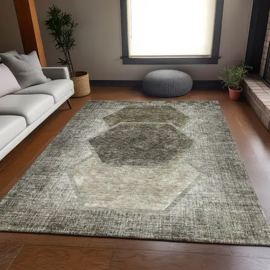 Taupe And Brown Geometric Washable Area Rug With UV Protection Photo 3