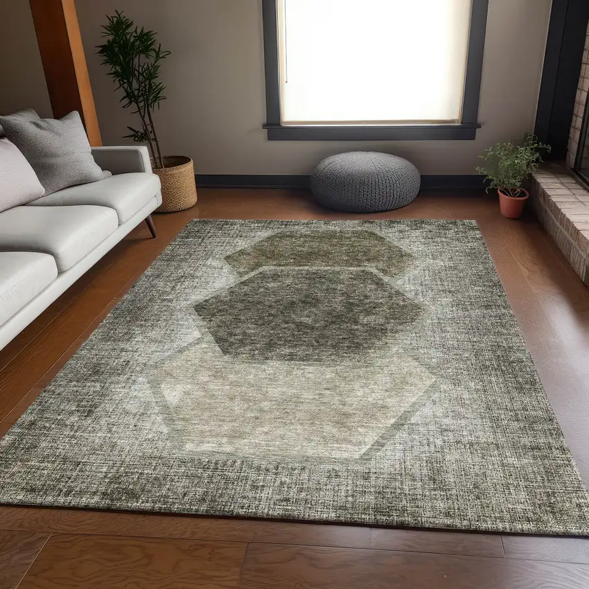 Taupe And Brown Geometric Washable Area Rug With UV Protection Photo 3