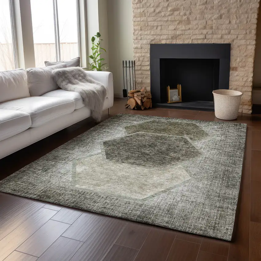 Taupe And Brown Geometric Washable Area Rug With UV Protection Photo 4