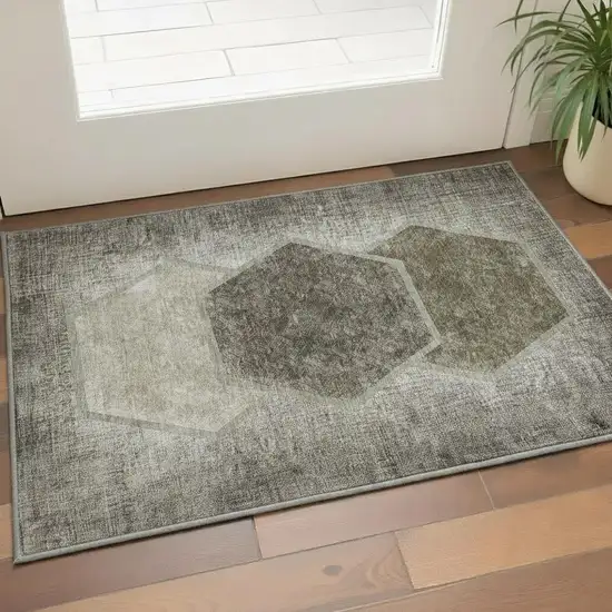 Taupe And Brown Geometric Washable Area Rug With UV Protection Photo 2