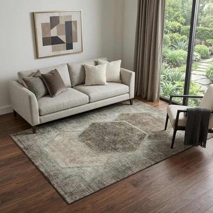 Taupe And Brown Geometric Washable Area Rug With UV Protection Photo 1