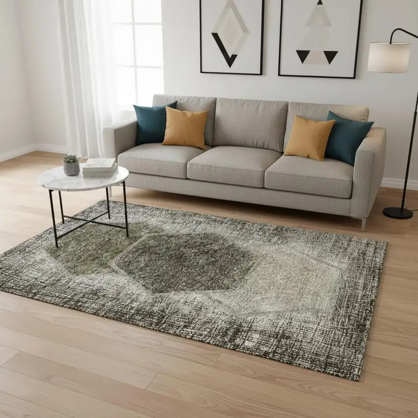 Taupe And Brown Geometric Washable Area Rug With UV Protection Photo 3