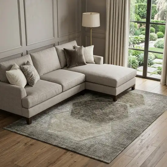 Taupe And Brown Geometric Washable Area Rug With UV Protection Photo 1