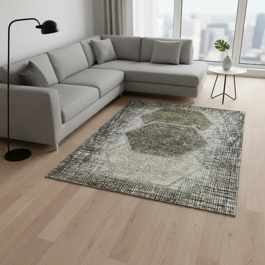 Taupe And Brown Geometric Washable Area Rug With UV Protection Photo 1