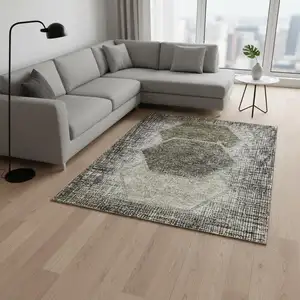 Photo of Taupe And Brown Geometric Washable Area Rug With UV Protection
